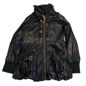 Black Shiny Utility Jacket with Camo Lining & Gold Hardware – Size 15 (Large)